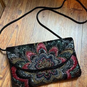 Vintage Black and Red Floral Embroidered Clutch Evening Bag